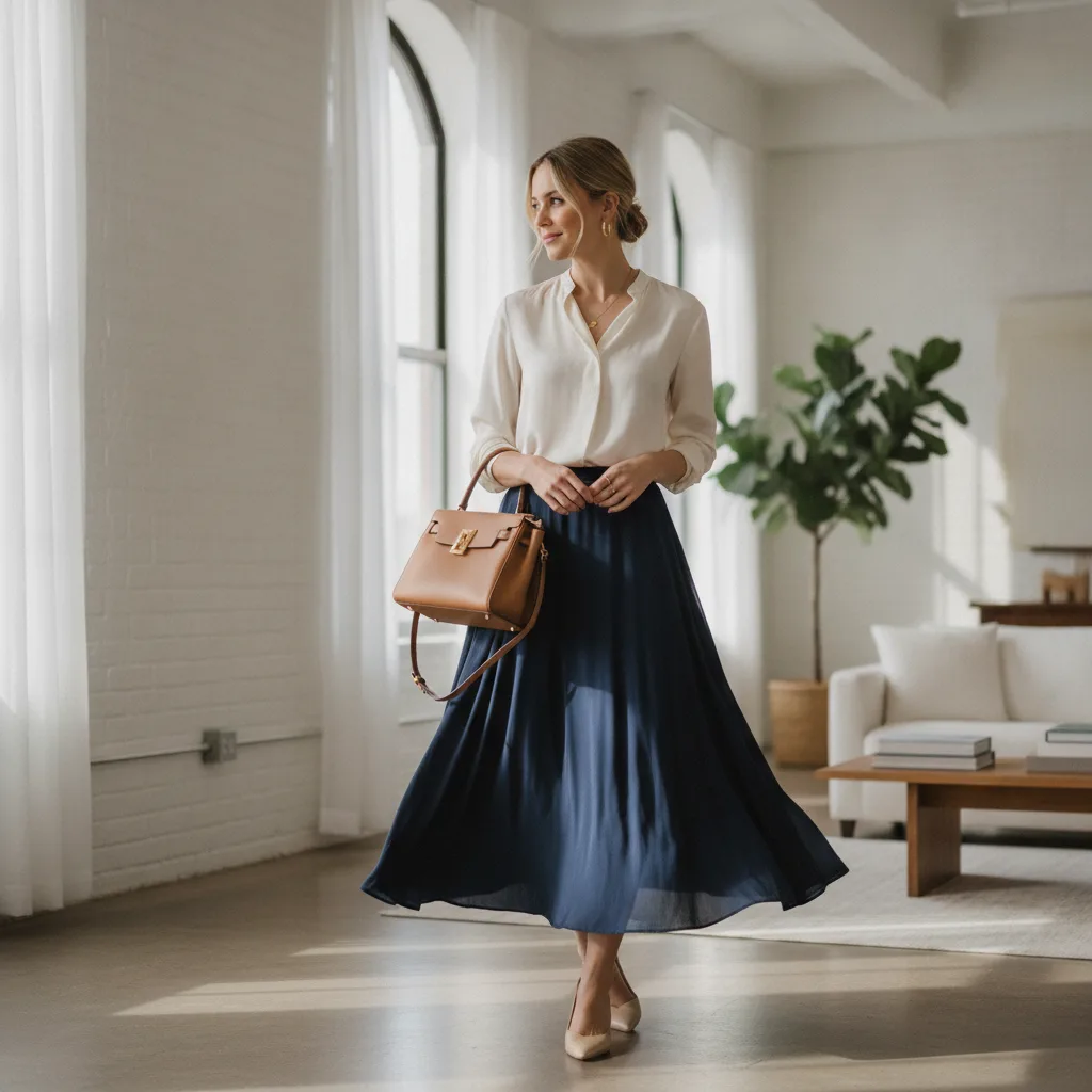 Navy midi skirt look